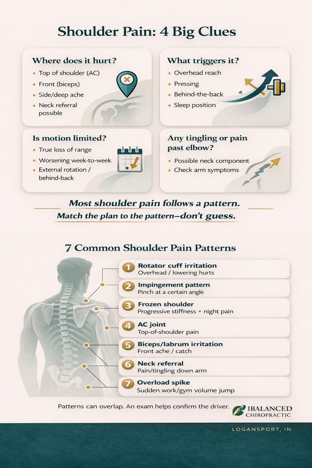 Shoulder pain infographic showing key clues that help narrow patterns and next steps.