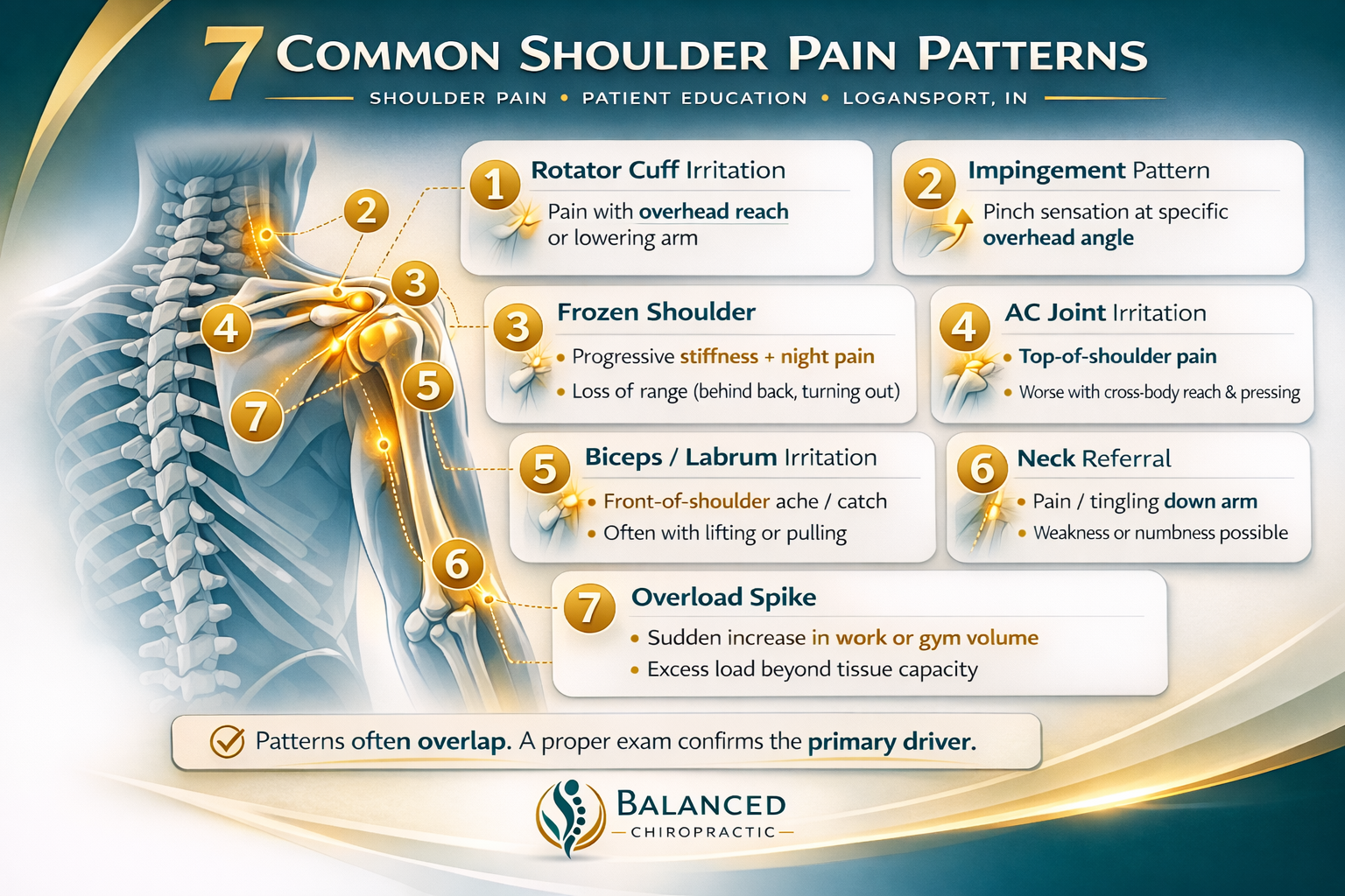 Shoulder pain patterns infographic showing common drivers such as rotator cuff irritation, impingement patterns, frozen shoulder stiffness, AC joint pain, biceps/labrum irritation, neck referral, and overload spikes.