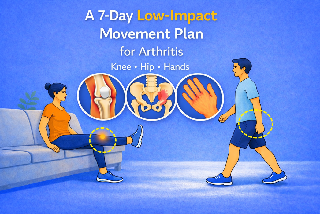 Infographic showing a 7-day low-impact movement plan for arthritis with joint-friendly mobility, low-impact cardio, and light strengthening options for knee, hip, or hand arthritis.