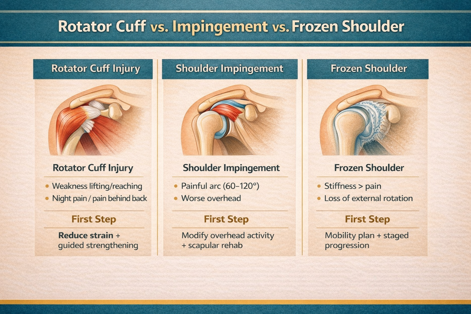 Decision guide infographic comparing rotator cuff irritation, impingement-type pain, and frozen shoulder with key signs and what to do first.