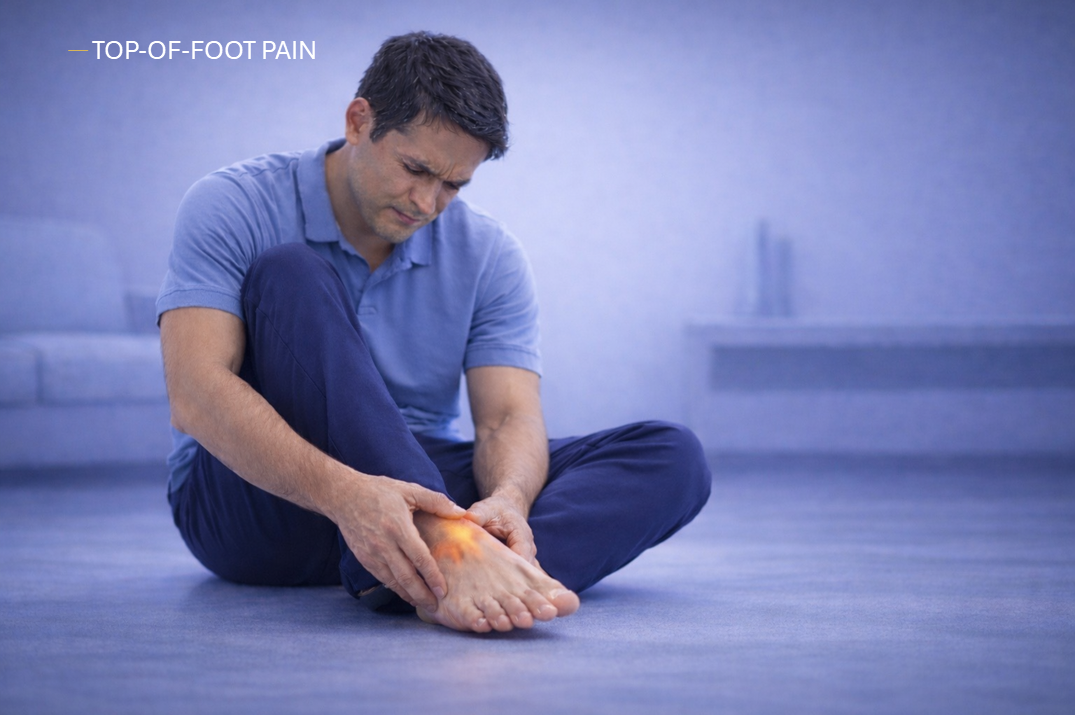 Infographic showing common causes and pattern clues for top-of-foot pain, including extensor tendon irritation, footwear/lace pressure, midfoot irritation, stress reactions, nerve irritation, and ankle/foot sprain patterns.