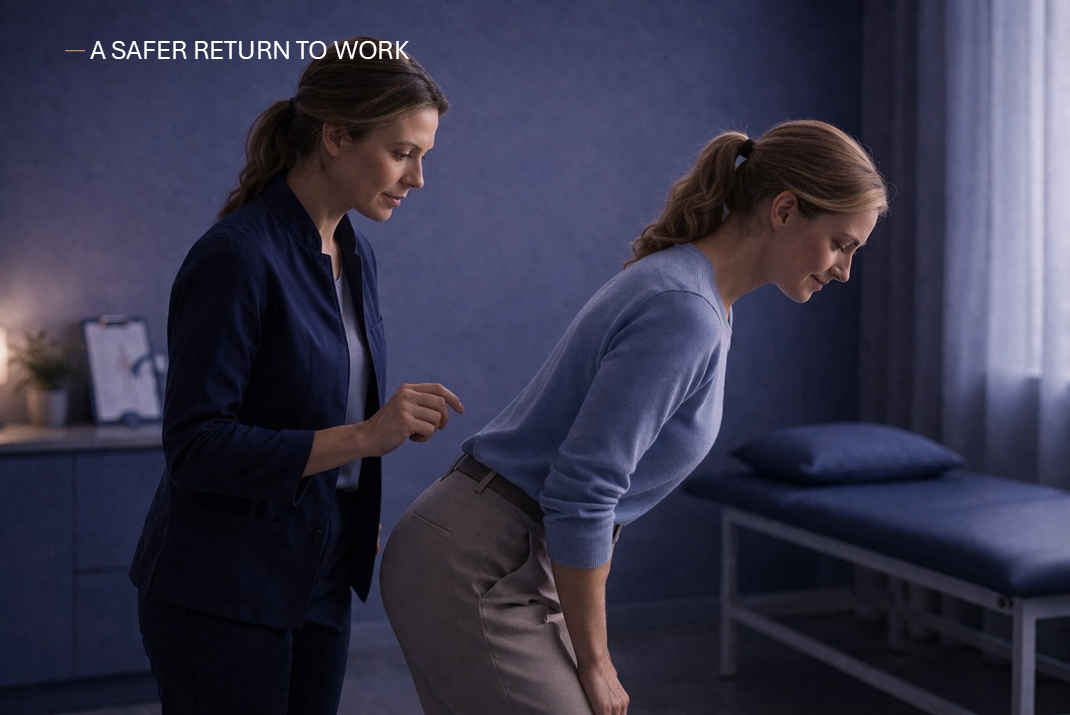 Infographic showing a five-step return-to-work plan after a back injury with staged progression and progress markers.