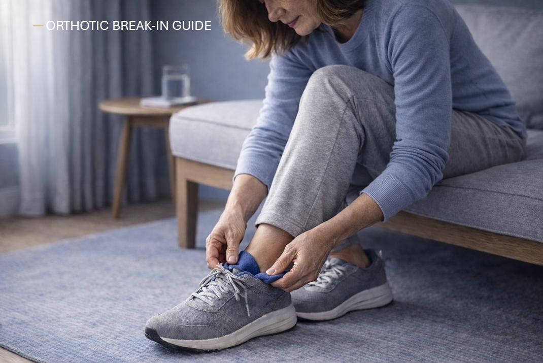 Infographic showing an orthotics break-in schedule and guidance on what sensations are normal vs not normal.