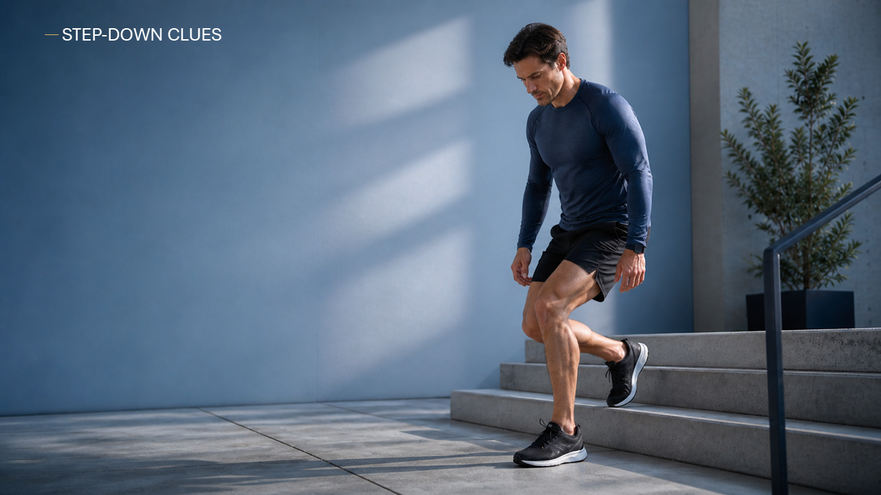 Infographic comparing runner’s knee and meniscus irritation by pain location, triggers, swelling, and what to do first.