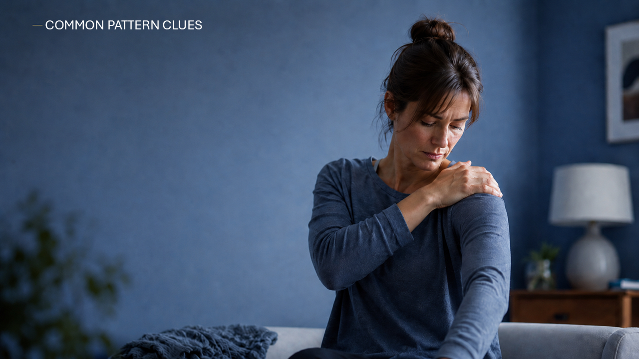 Infographic comparing common shoulder pain patterns and what helps, including rotator cuff, impingement, frozen shoulder, AC joint, biceps/labrum, neck referral, and overload spikes.