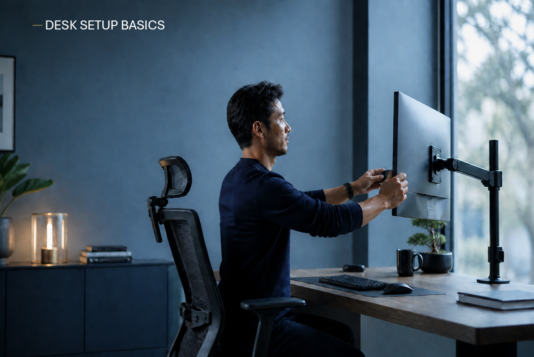 Person adjusting monitor height at a clean ergonomic desk setup for neck pain relief in a modern office.