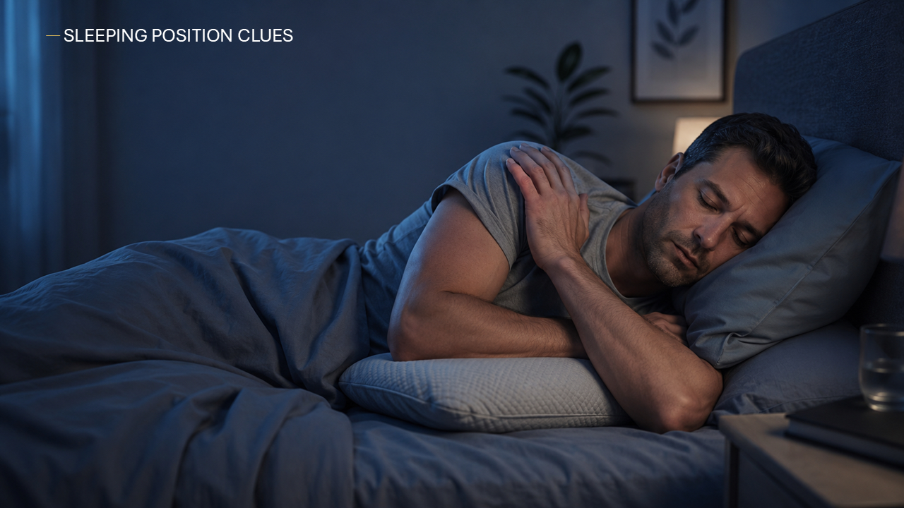 Infographic showing best sleeping positions for shoulder pain and pillow setups to reduce compression, plus what to avoid.