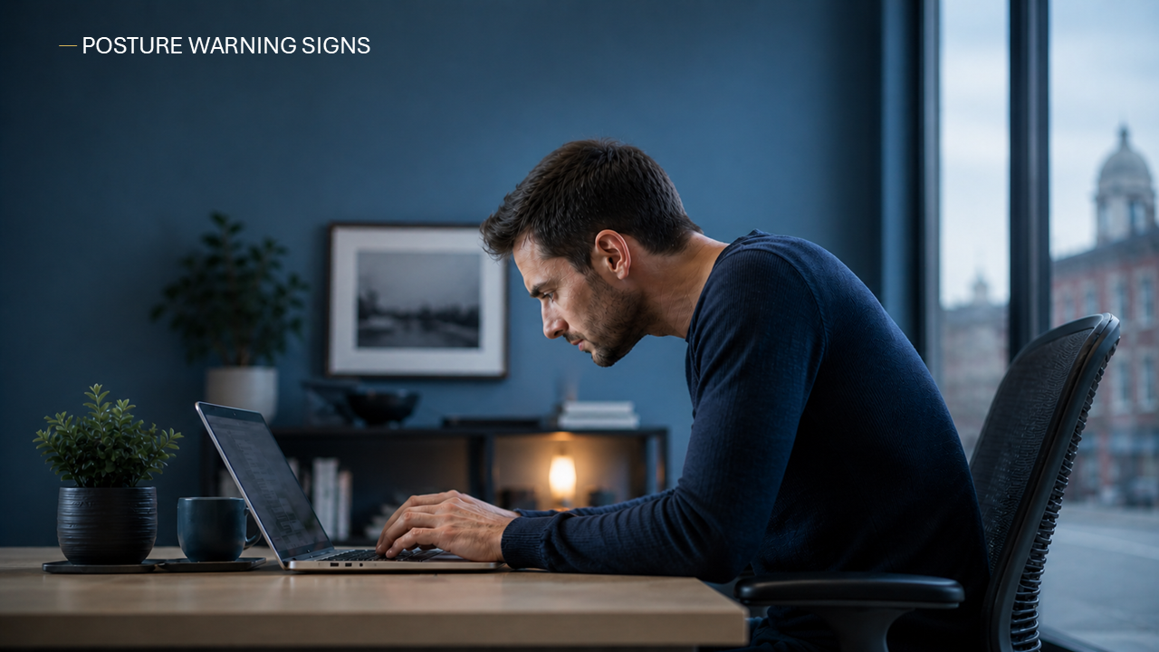 Infographic showing common tech neck signs and practical fixes including desk setup, break schedule, mobility, and endurance.