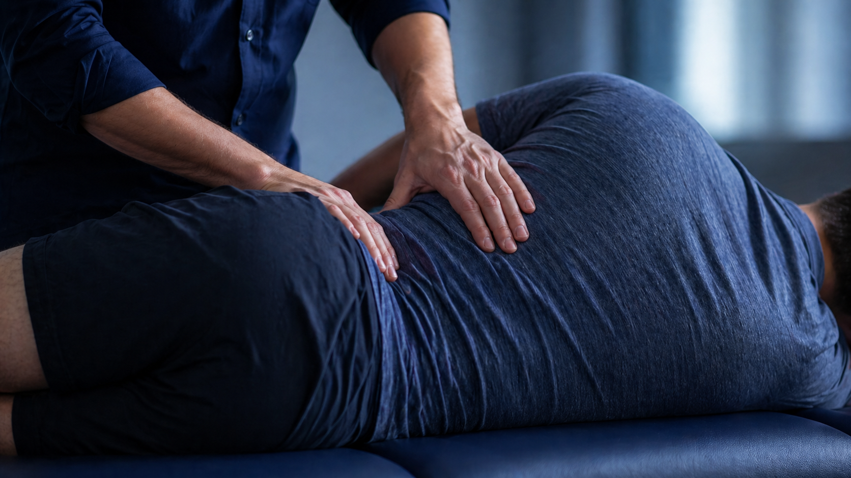Clinician assessing the low back and SI joint region in a calm, professional exam setting, emphasizing pattern recognition after a lifting injury.