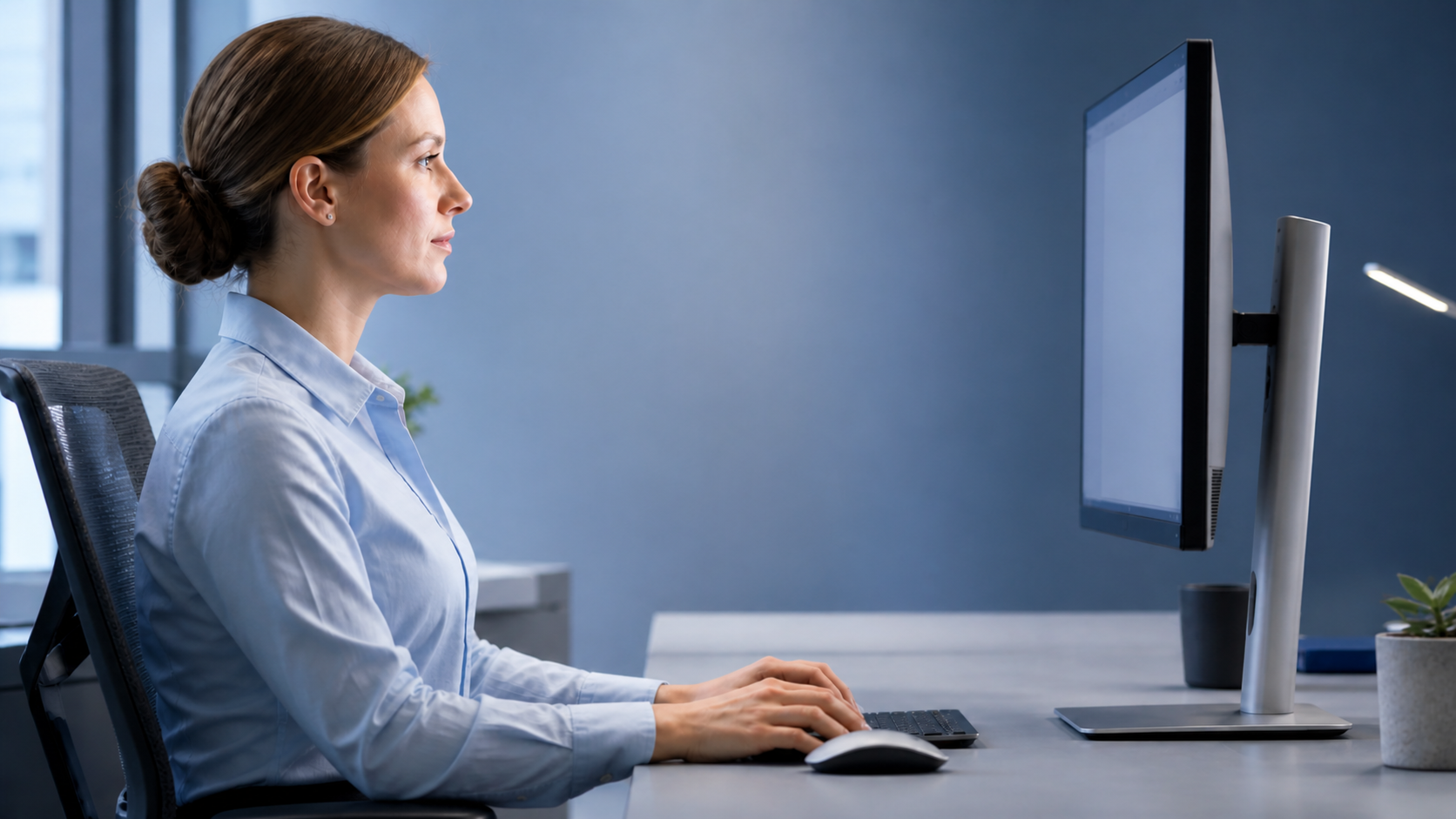 Ergonomic desk quick-fix checklist for neck pain, emphasizing monitor height, arm support, and micro-breaks.