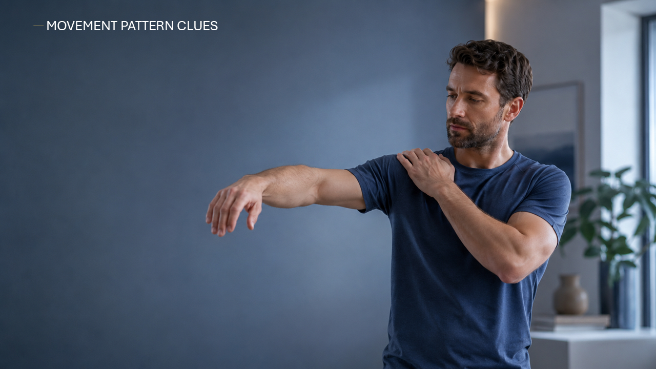 Infographic comparing rotator cuff irritation, impingement-type pain, and frozen shoulder by key clues and first-step recommendations.