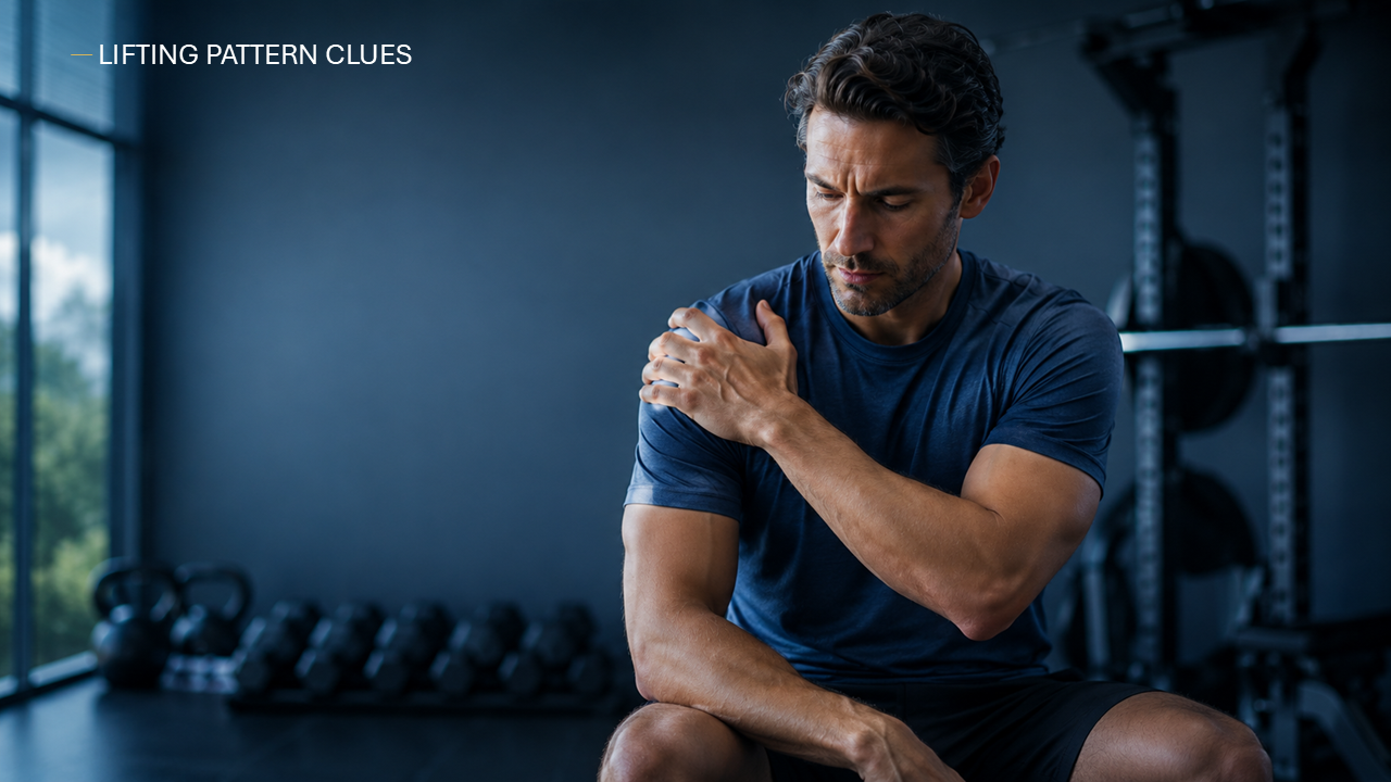 Infographic showing five common lifting shoulder pain mistakes and practical fixes, including volume spikes, pressing dominance, painful angles, scapular control, and forcing range of motion.