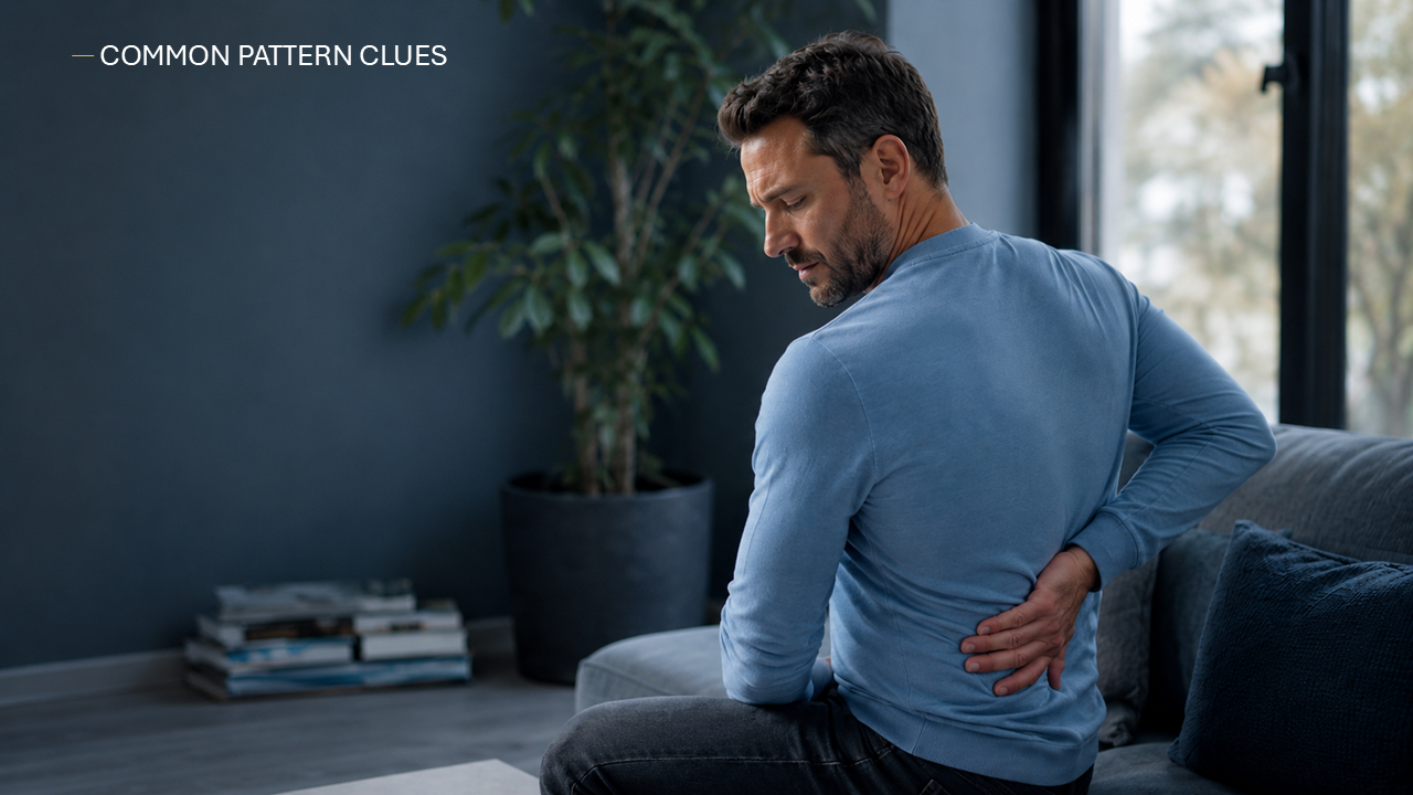 Infographic showing common mid-back pain patterns including thoracic joint stiffness, rib mechanics irritation, muscle overuse, posture fatigue, and red-flag screening.