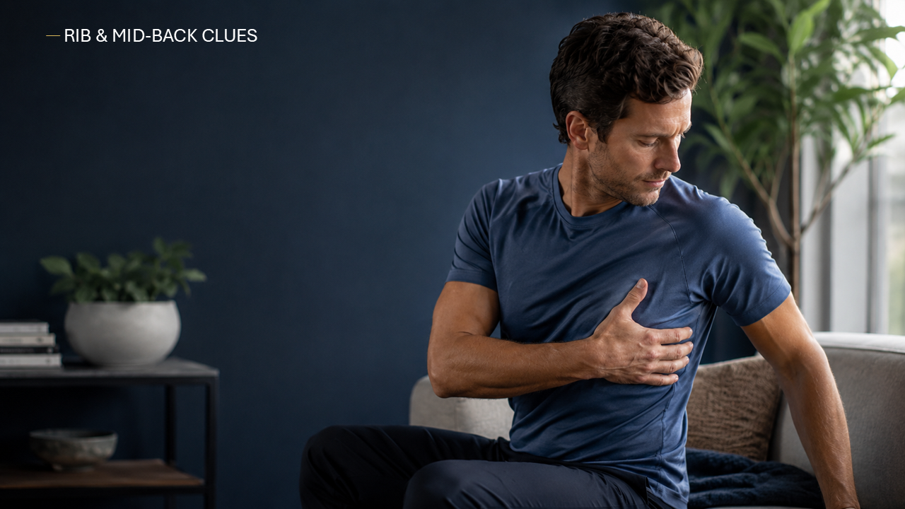 Infographic comparing rib pain and thoracic mid-back pain patterns and what to do first, including red-flag screening.