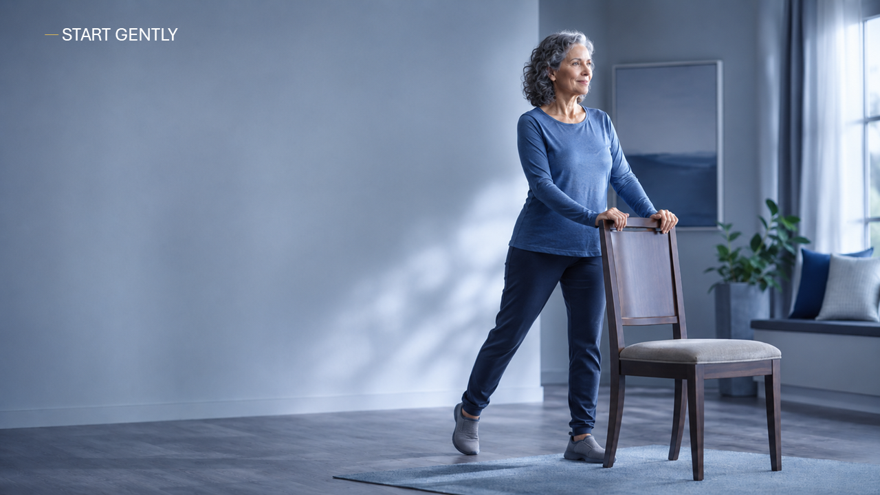 Infographic showing a 7-day low-impact movement plan for arthritis with mobility, low-impact cardio, and light strengthening options for knee, hip, or hand arthritis.