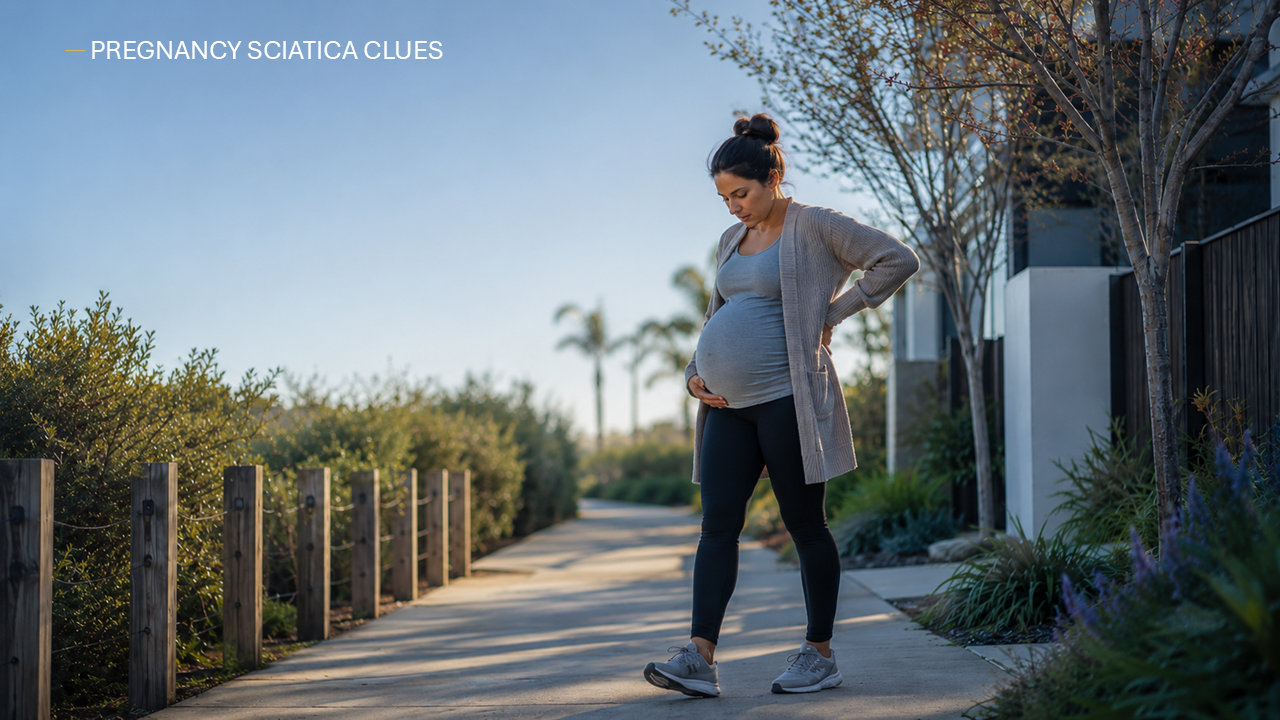 Infographic showing pregnancy-safe positions and walking tips for sciatica symptoms, including sleep, sitting, standing, and when to get checked.