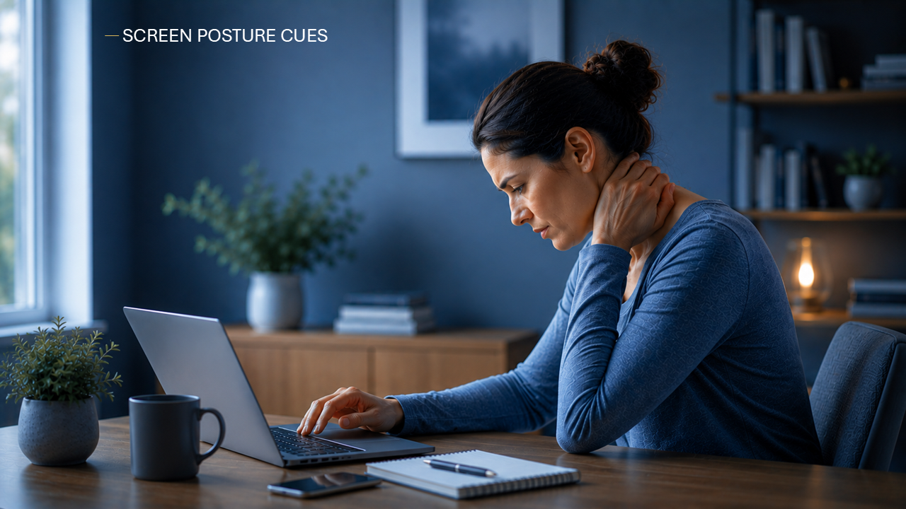 Educational tech neck image showing how screen posture and repeated forward-head loading can contribute to neck pain, upper-back tension, and headaches.