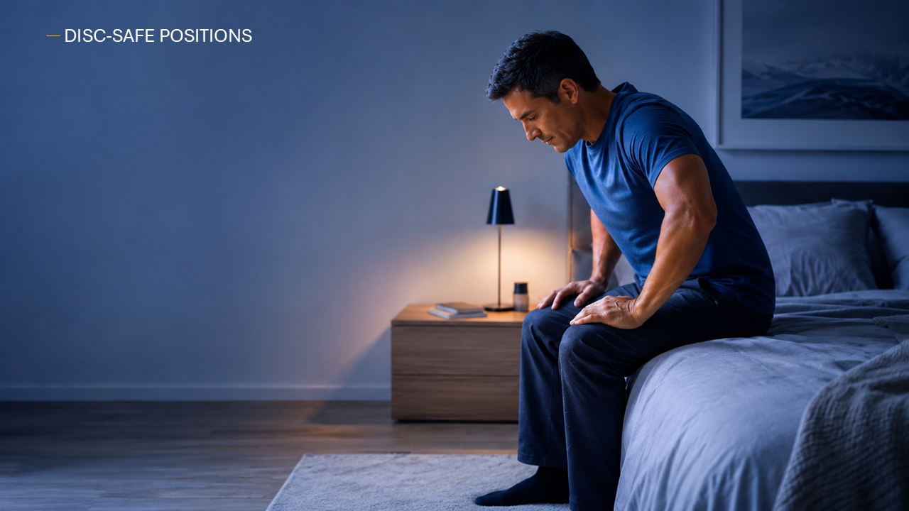 Educational hero image showing practical sitting, sleeping, and lifting strategies for a herniated disc or disc-related leg pain.