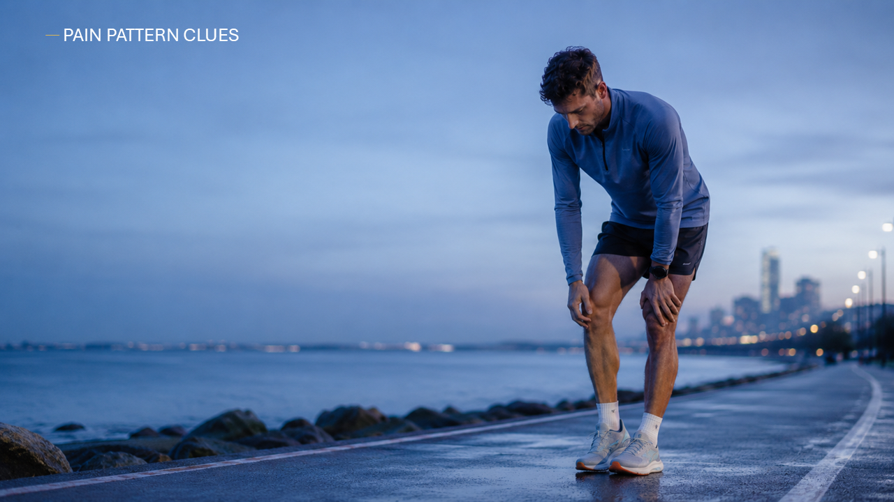 Infographic mapping running pain locations (knee, shin, foot) to common drivers and first steps, including training load guidance and red flag screening.