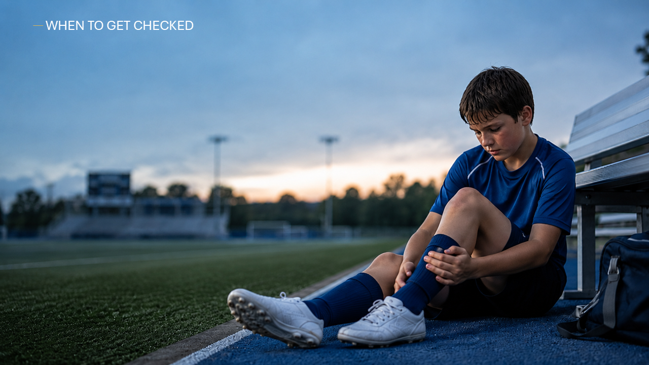 Infographic comparing normal youth sports soreness with injury warning signs, including limping, swelling, pinpoint pain, and when to get checked.