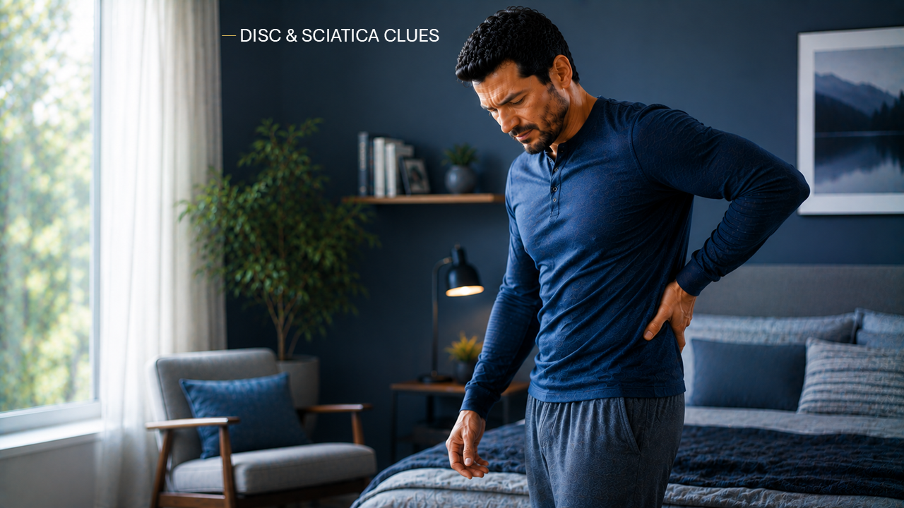 Premium herniated disc and sciatica guide image showing daily movement clues and symptom patterns for low back and leg pain.