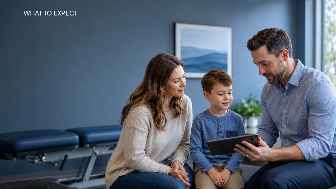 Calm clinic image representing a pediatric chiropractic visit with parent involvement and gentle, age-appropriate care.