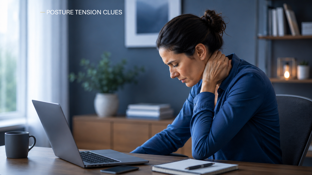 Premium medical blog image showing the posture-headache loop with neck tension, screen posture, and headache sensitivity.