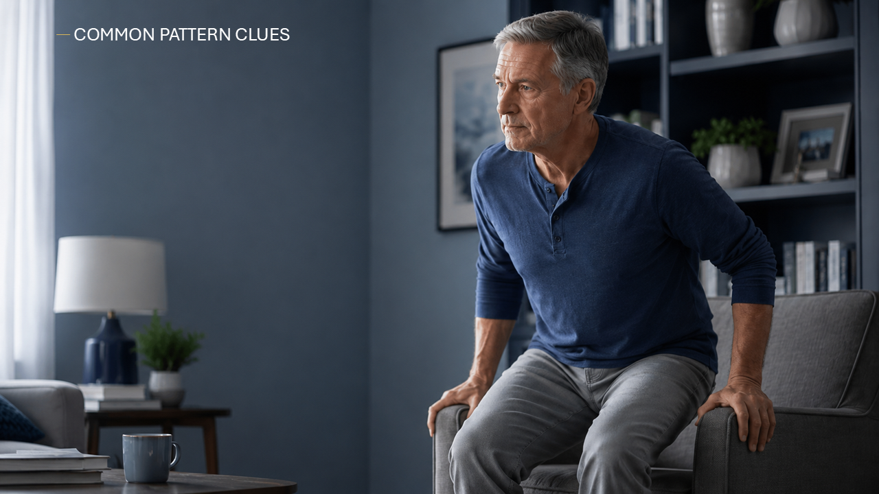 Infographic mapping six common arthritis and joint pain patterns to safe first steps and when to get checked.