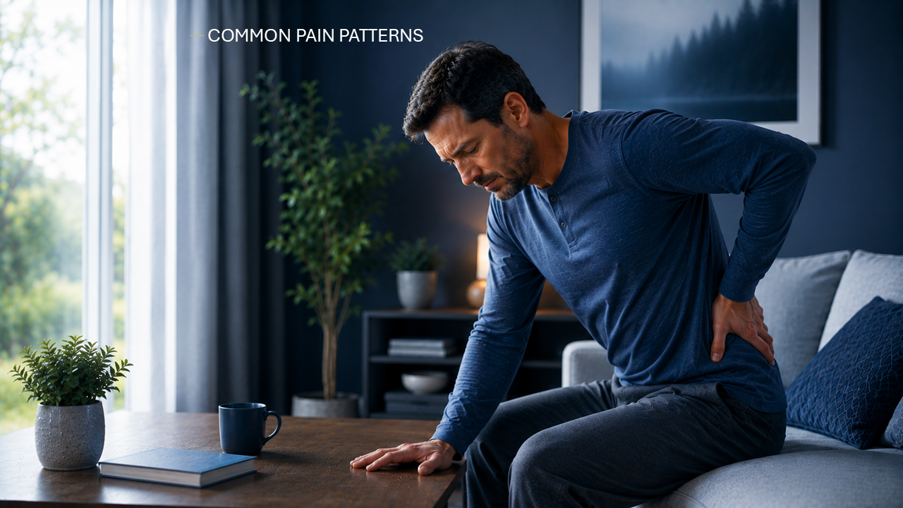 Low back pain guide image showing common causes and practical clues for low back pain in Logansport, Indiana.