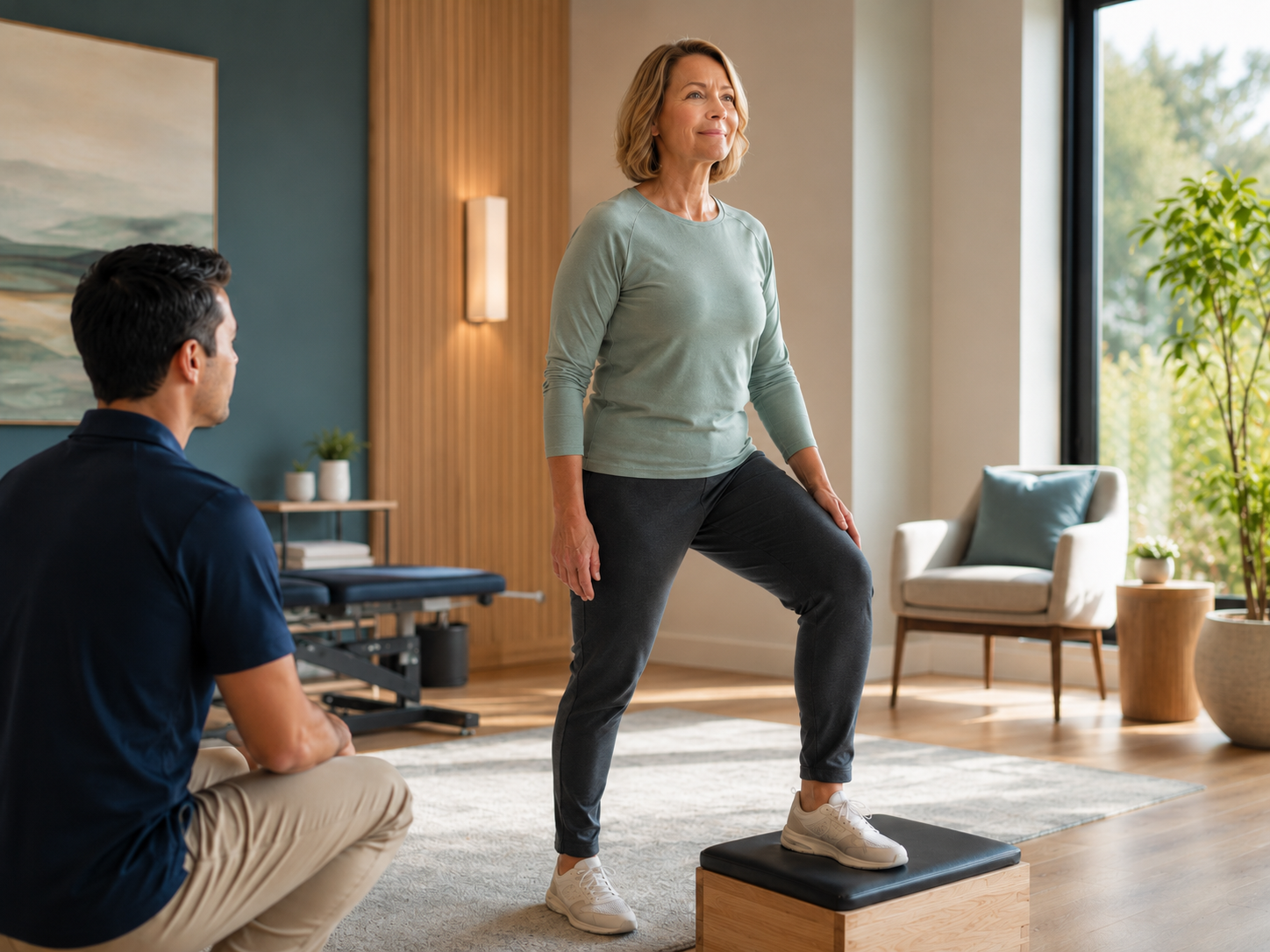 Arthritis and joint pain movement assessment in a calm chiropractic clinic setting.